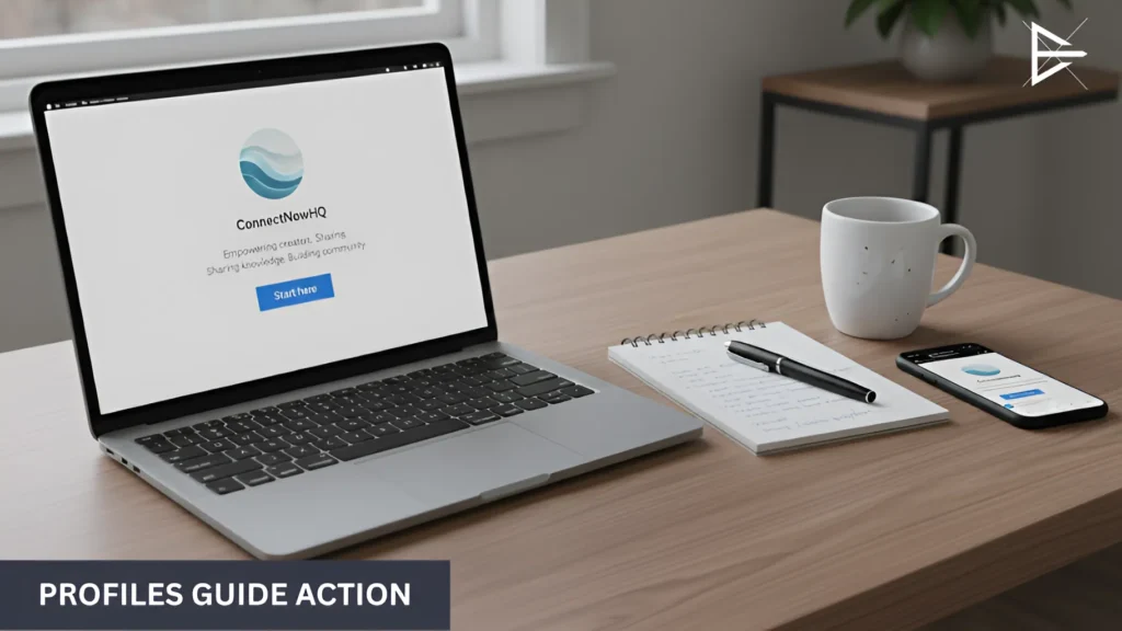Laptop displaying a clean profile page with a clear call to action, showing how a profile guides visitors toward the next step.