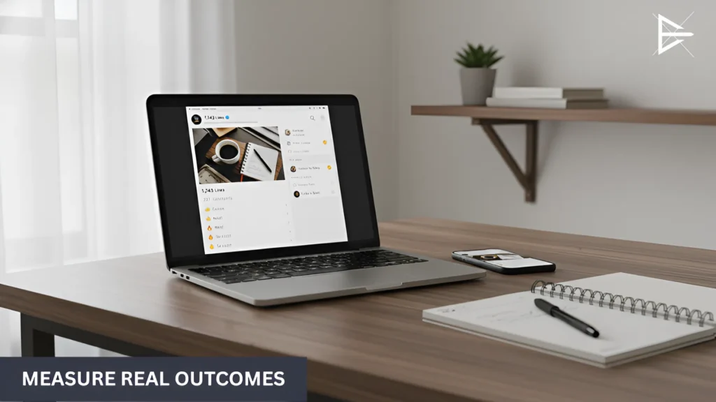 Laptop displaying performance data focused on replies and follow-ups, emphasizing measuring actions instead of vanity metrics.