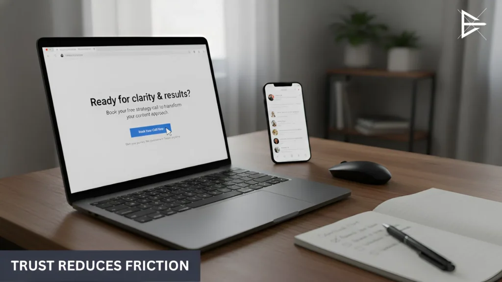 Laptop screen with a clear offer and supporting context, illustrating how trust signals make it easier for people to take action.