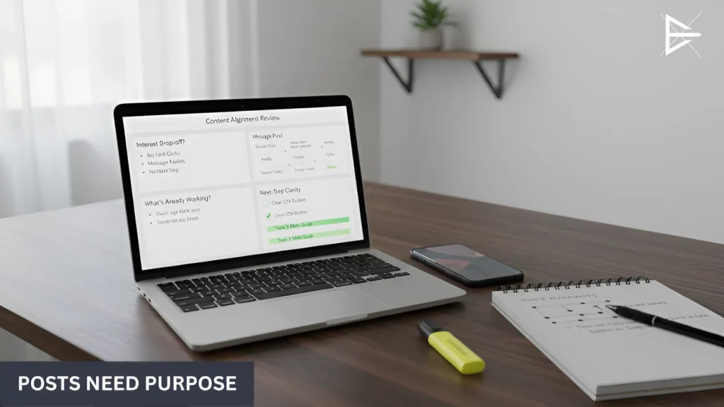 Laptop on a workspace showing a structured content review screen, emphasizing that posts should have a clear goal and purpose.