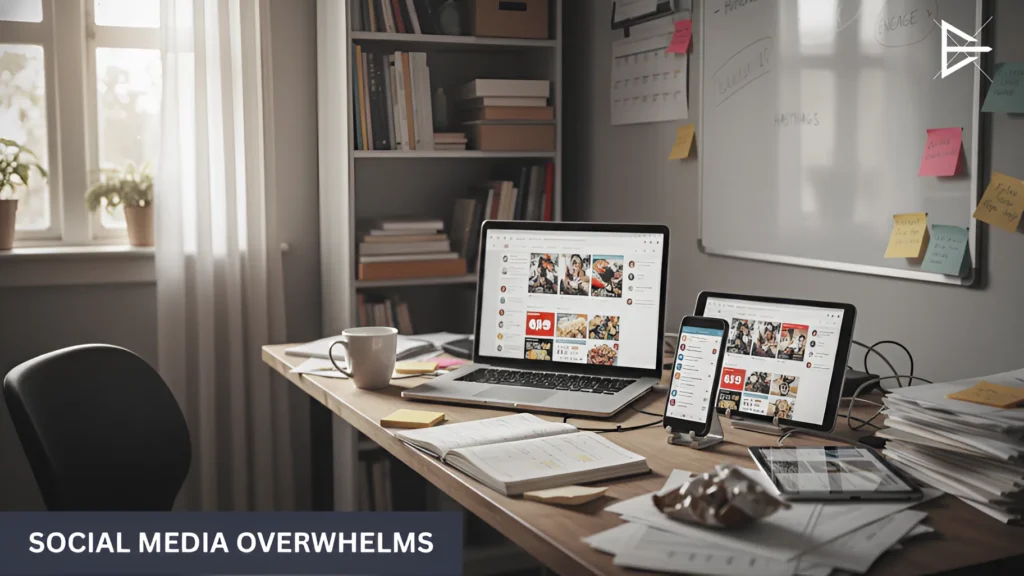 Busy desk with laptop, tablet, and phone showing social media overload and scattered posts.