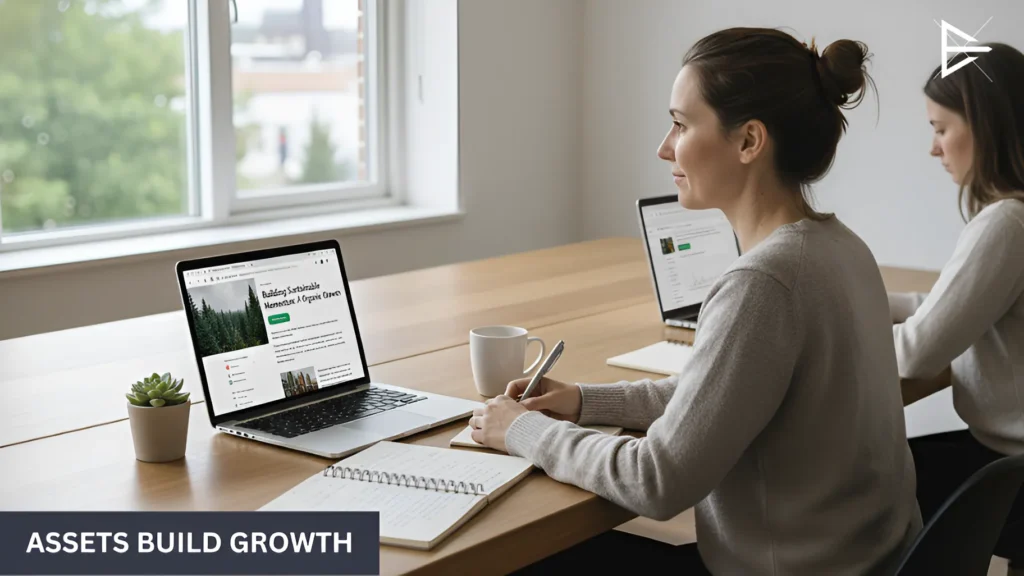 Team reviewing website content and digital assets at a shared desk, representing long-term organic growth