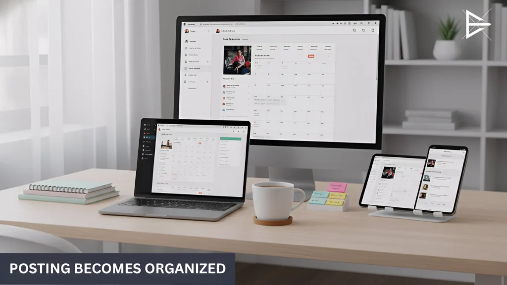Desk setup with multiple devices highlighting random social media content and lack of plan.