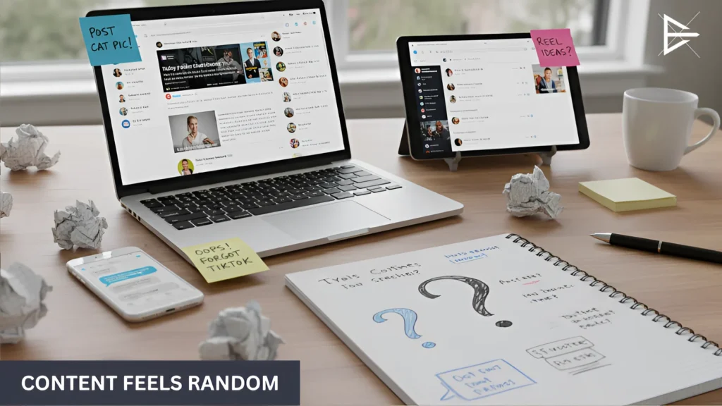 Laptop and tablet with social media dashboards showing stagnant results and low activity.