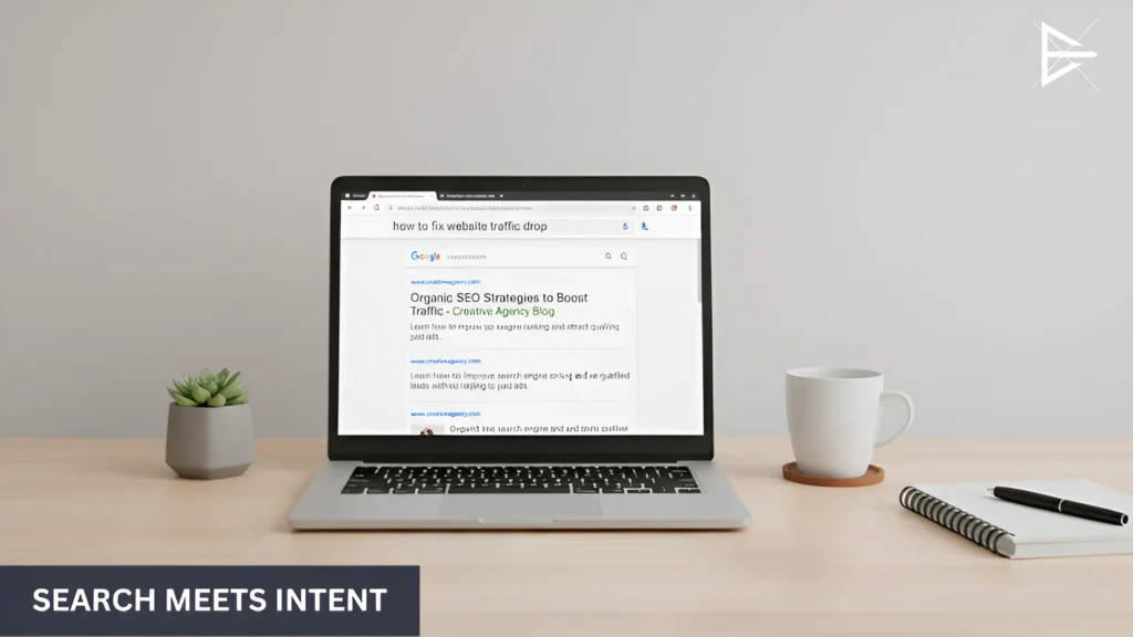 Laptop showing Google search results for a problem-based query, illustrating how SEO connects businesses with active searchers