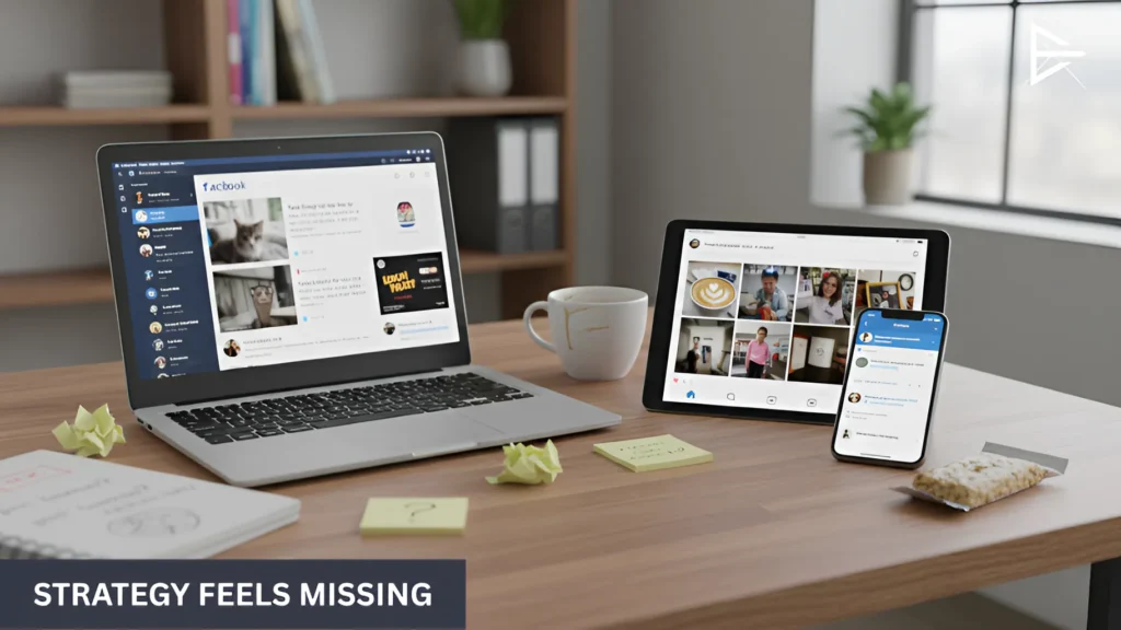 Clean workspace showing structured social media management across multiple devices.