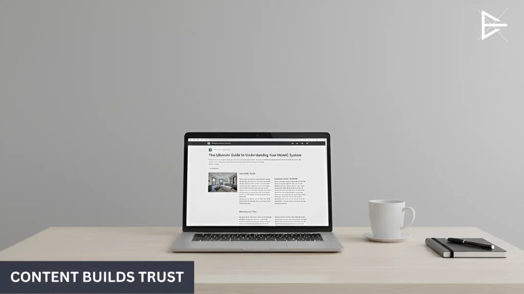 Laptop displaying a detailed blog article on a clean desk, representing content that builds trust before contact