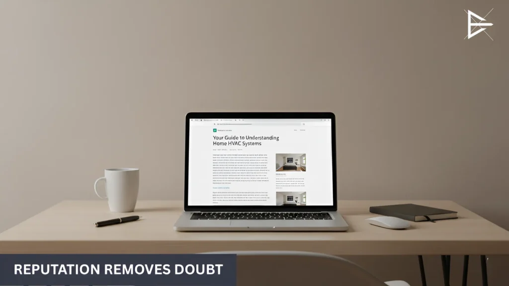 Workspace with a laptop showing customer reviews and business information, highlighting how reputation builds confidence