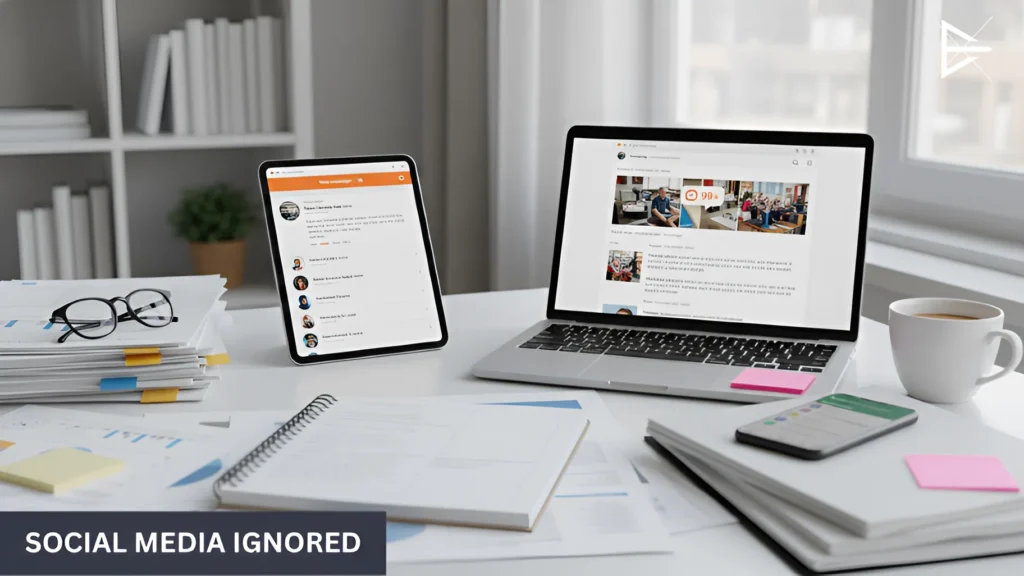 Laptop and tablet showing low engagement on social media with minimal interaction.