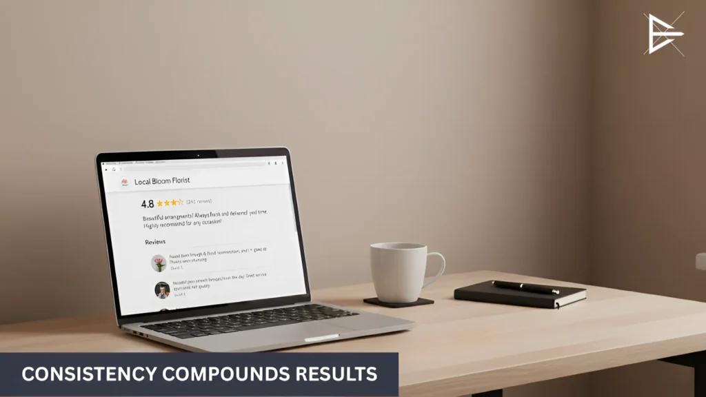 Laptop displaying steady website performance and reviews on a calm desk setup, showing long-term results from consistent effort