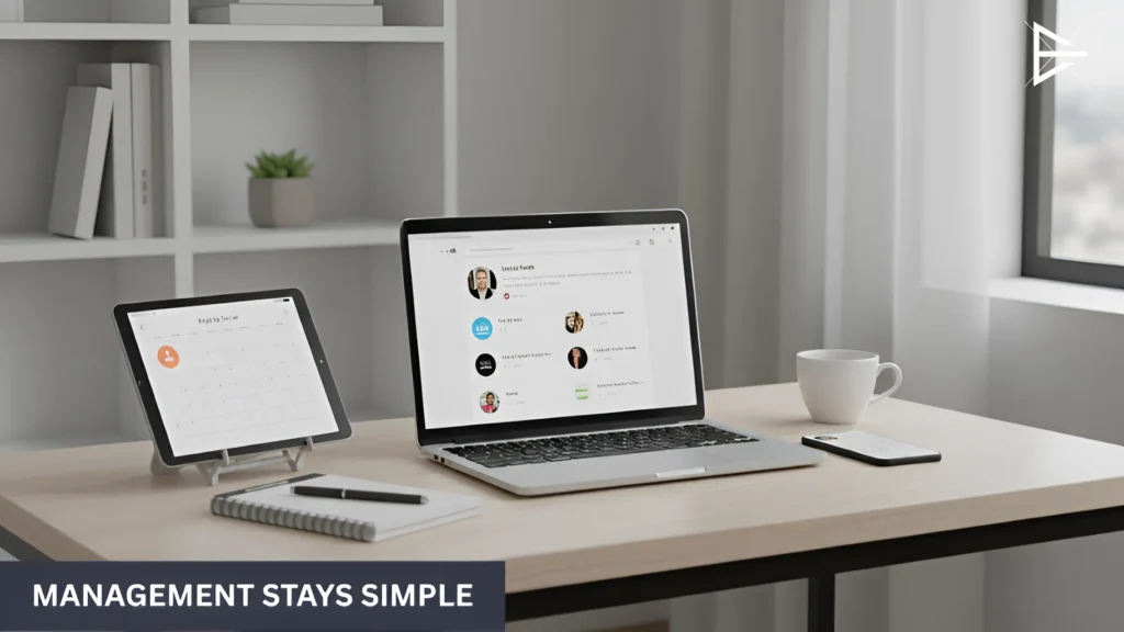 Workspace with tablet and laptop displaying organized social media posts calendar.