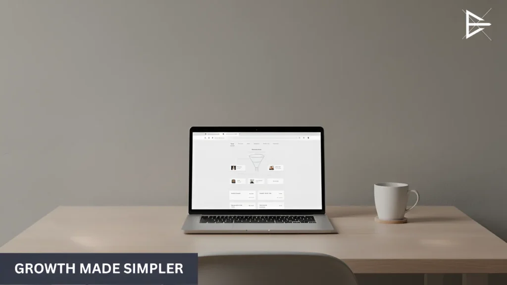 Simple workspace with a laptop showing an organized website dashboard, representing a clear and sustainable growth approach