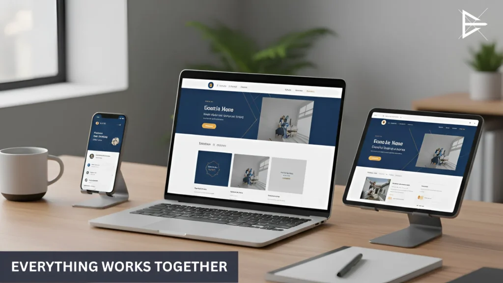 Website, Google profile, and social media shown together as a connected online system