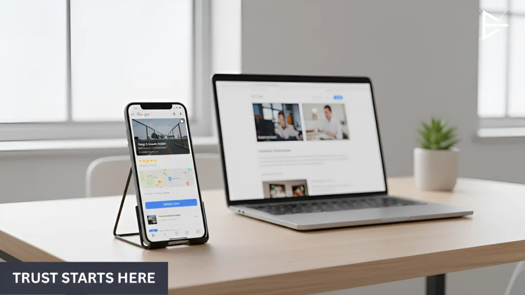 Google Business Profile viewed on a phone next to a business website on a desk