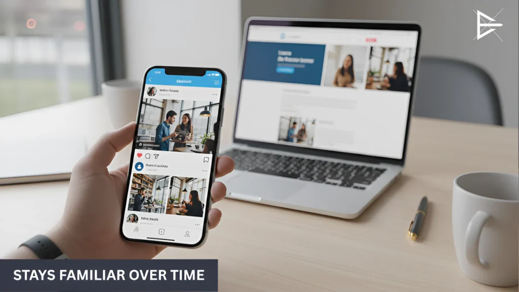 Social media feed viewed on a phone alongside a business website on a laptop