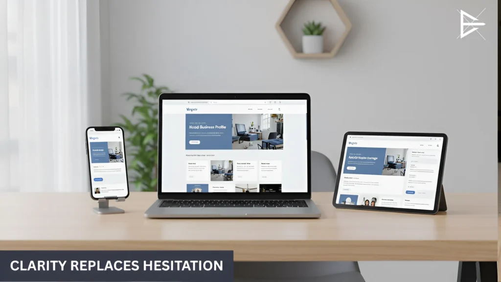 Laptop, tablet, and phone showing a consistent business website and profiles across platforms