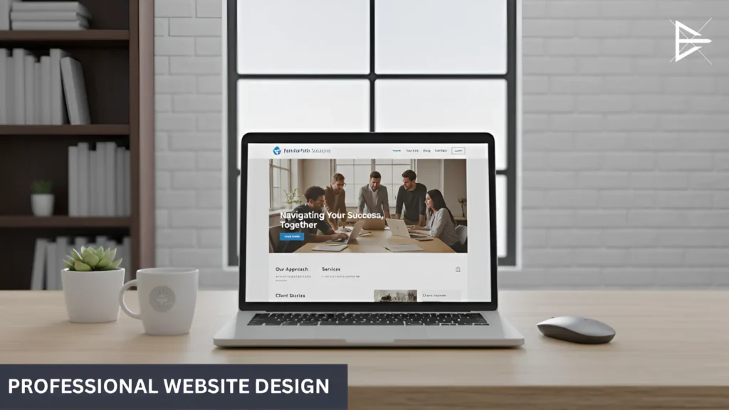 Professional website design displayed on a laptop in a modern office setting.