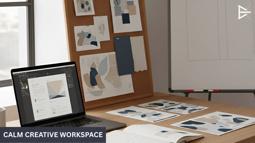 Quiet creative workspace with mood boards, brand visuals, and design materials organized for focused work.