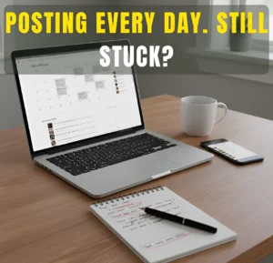Laptop on a wooden desk displaying a social media content calendar with scheduled posts, alongside a notebook and phone, representing daily posting without clear results.