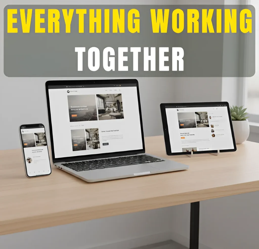 Laptop, tablet, and smartphone displaying a consistent business website across devices on a clean workspace