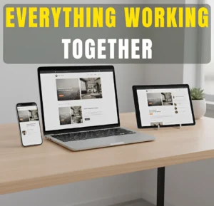 Laptop, tablet, and smartphone displaying a consistent business website across devices on a clean workspace