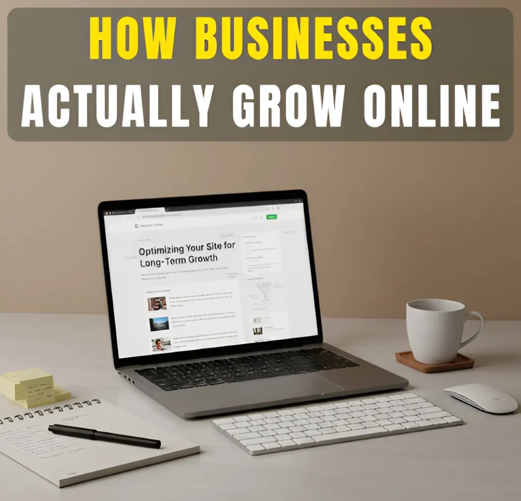 Minimal workspace showing a laptop displaying an article about long-term website growth, representing how businesses grow online through content and strategy.