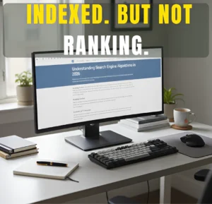 Desktop computer displaying a website page that is indexed by Google but not ranking in search results