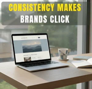 Modern workspace with a laptop on a desk displaying a clean, well-structured website, representing how consistent branding helps businesses stand out and earn clicks online.