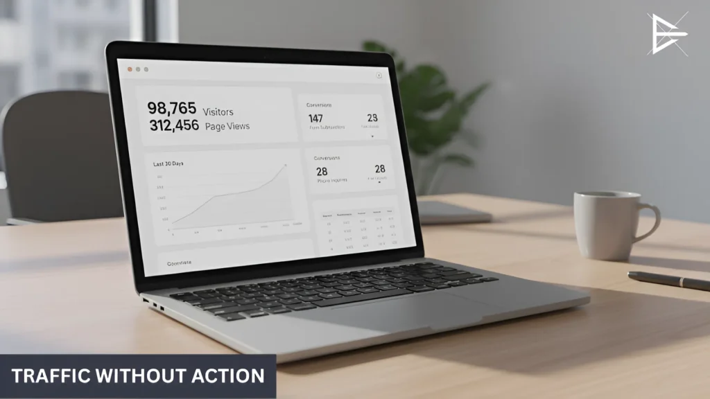 Website analytics dashboard showing rising traffic numbers with low conversions on a laptop screen