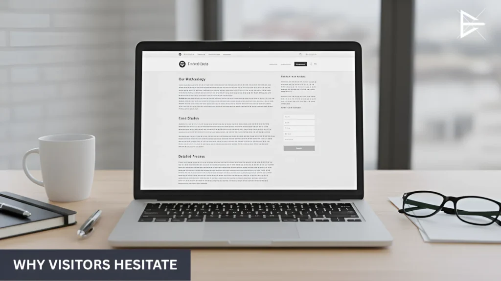 Business website displayed on a laptop with unclear layout and no obvious next step for visitors