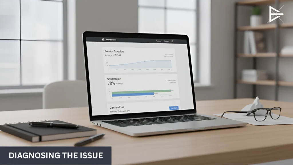 Laptop displaying engagement metrics like session duration and scroll depth used to diagnose website performance