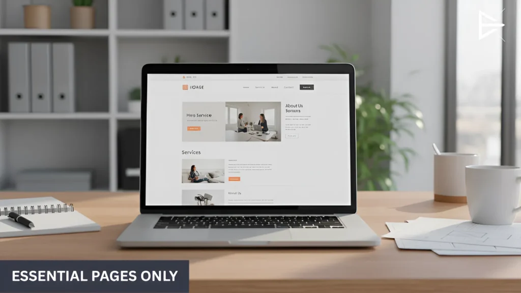 Laptop displaying a streamlined business homepage and services section, showing a website built with only essential pages