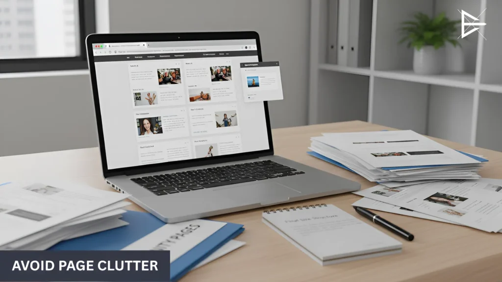 Laptop surrounded by stacks of printed pages, symbolizing website clutter caused by too many unnecessary pages