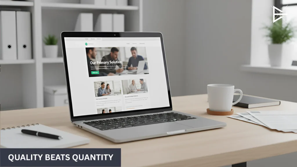 Focused service page shown on a laptop screen in a minimal office setting, emphasizing quality content over too many pages