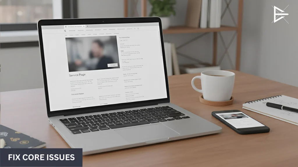 Small business website open on a laptop with a phone beside it, showing the process of fixing core usability and content issues