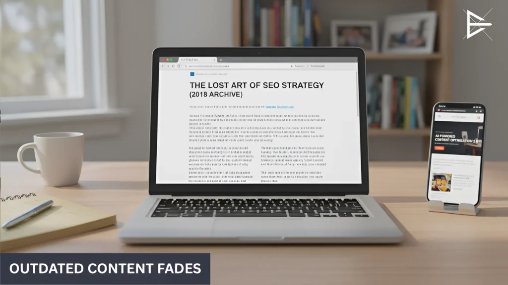 Laptop showing an archived SEO article next to a phone with modern content, representing how outdated blog posts lose rankings over time