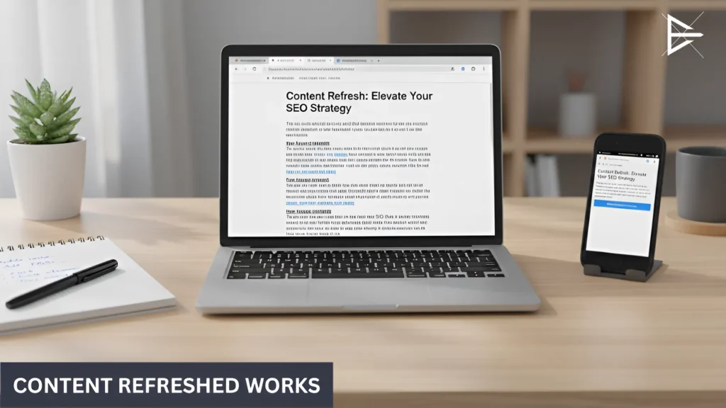 Laptop displaying a refreshed blog article with improved layout and clarity, demonstrating how updating old content helps SEO