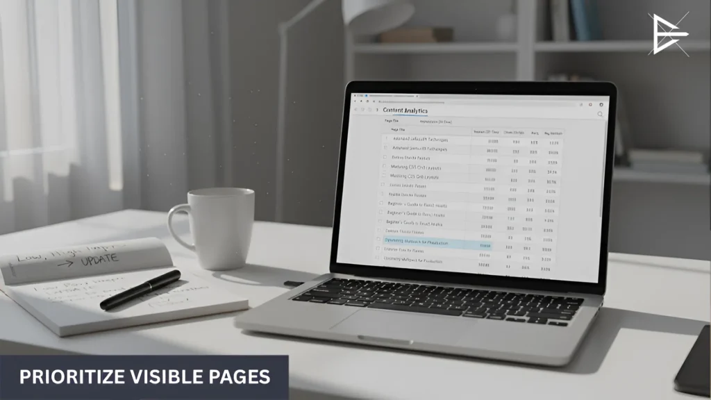 Laptop showing content analytics and page performance data on a desk, highlighting how to prioritize blog posts for updates