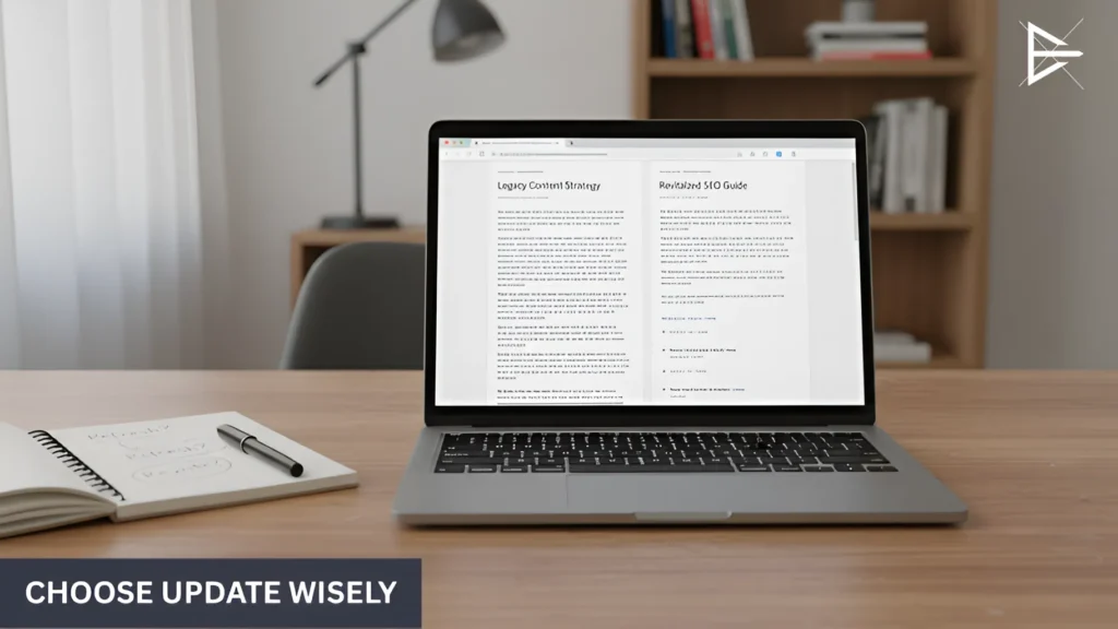 Laptop displaying two versions of a blog article side by side, showing the decision between content refresh and full rewrite