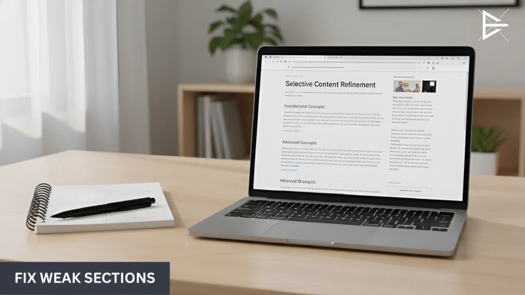 Laptop showing selective content refinement on a blog page, illustrating focused updates to improve weak sections of content