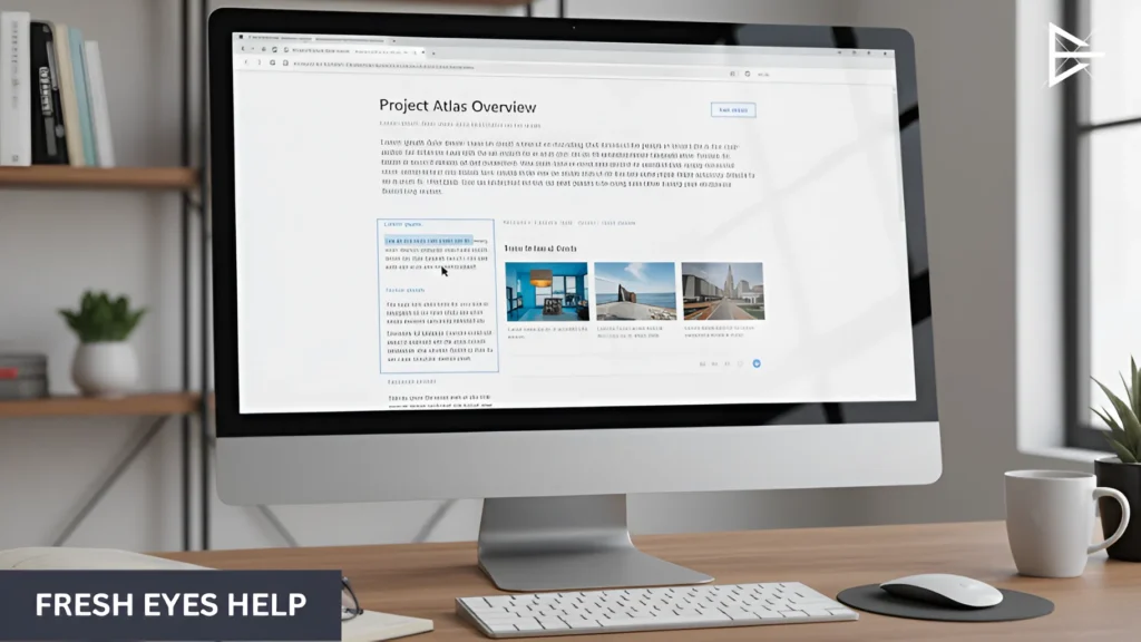 Desktop screen showing an on-page SEO guide being reviewed, with existing content refined for clarity and structure.