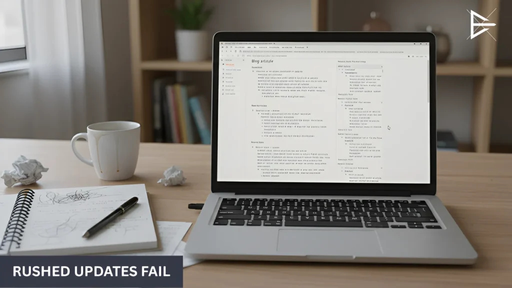 Laptop with a cluttered blog draft and scattered notes on a desk, representing rushed content updates that hurt SEO performance