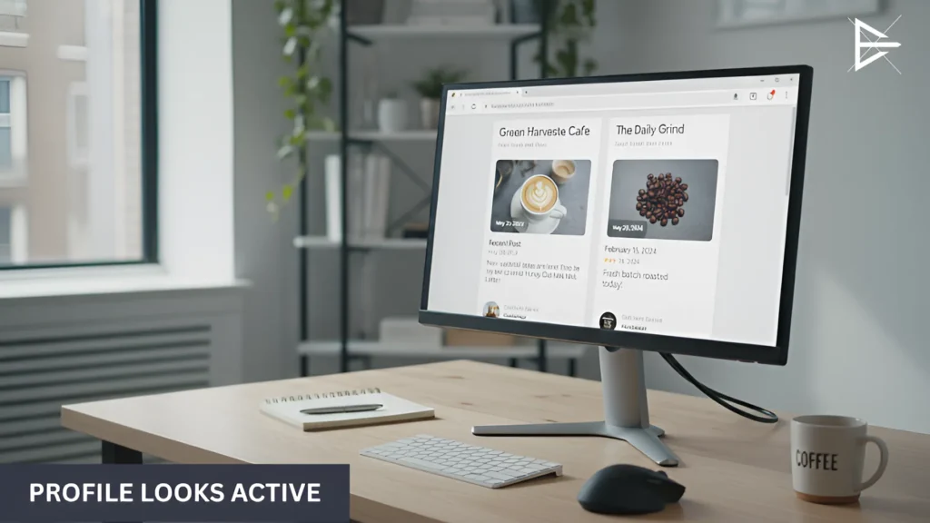 Desktop monitor showing an active Google Business Profile with recent posts and updates in a modern office.