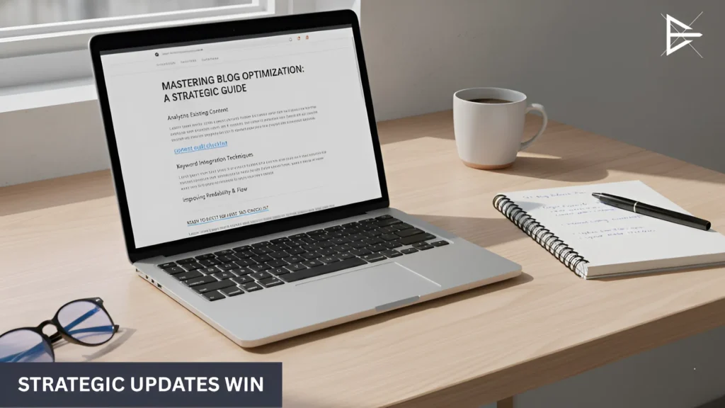 Laptop displaying a blog optimization guide on a clean desk, showing a strategic approach to updating content for better rankings