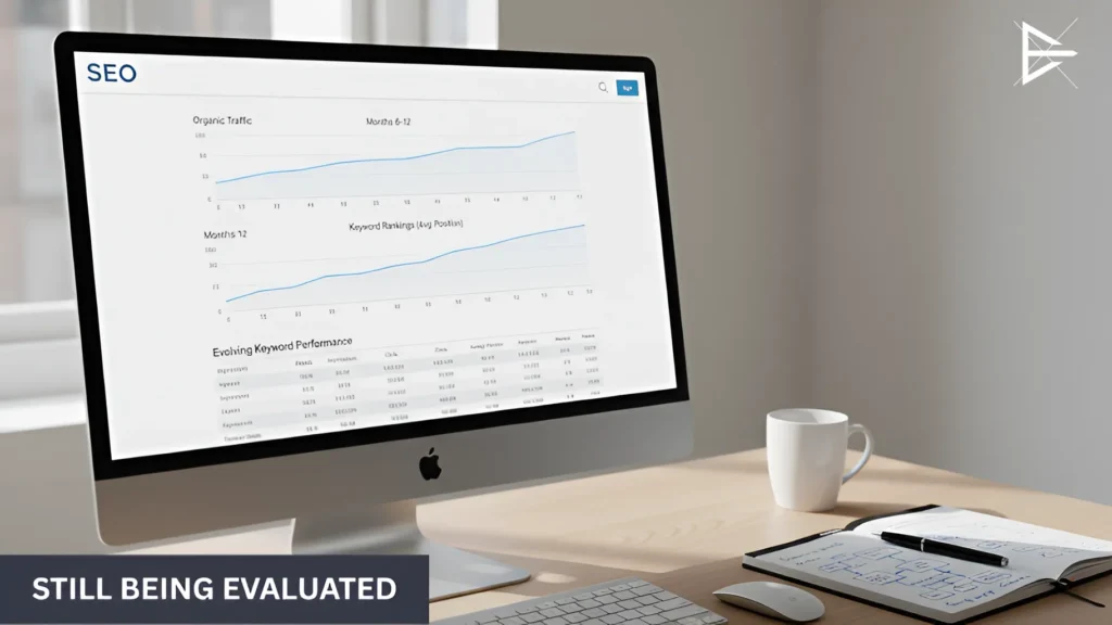 SEO progress review displayed on a desktop monitor as a business evaluates whether to continue optimization efforts after six months.