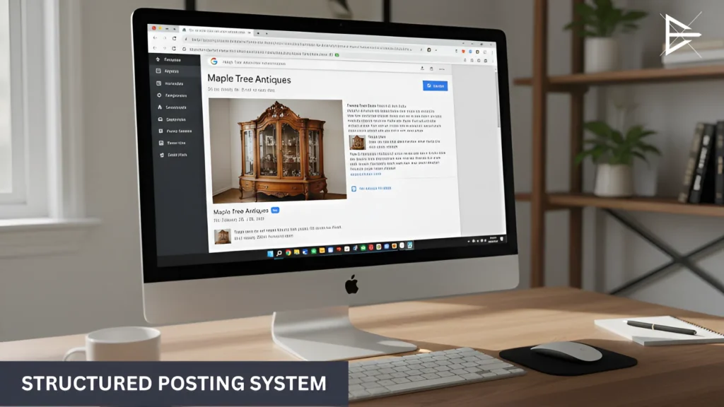 Workspace with Google Business Profile dashboard and organized weekly posting schedule on desk.