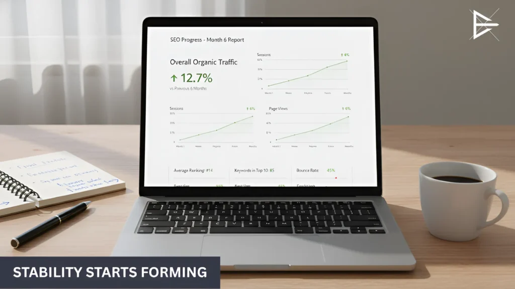 Laptop showing stalled SEO performance charts, reflecting inconsistent rankings and slowed momentum after the initial six-month period.