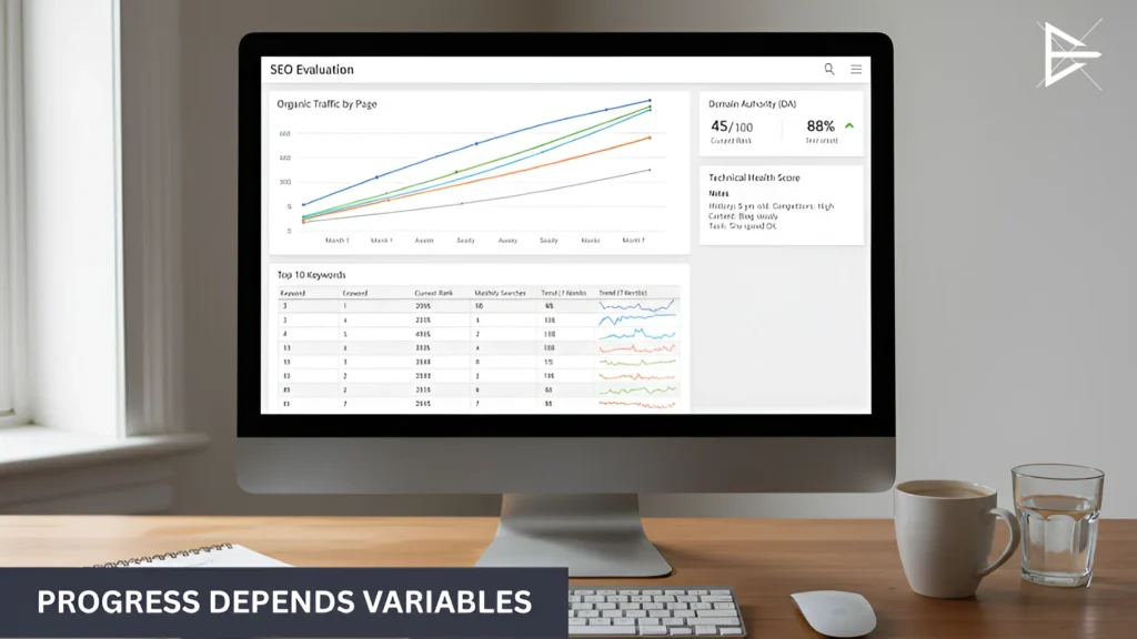 Desktop screen displaying a long-term SEO growth timeline with gradual increases in organic traffic and keyword performance over twelve months.
