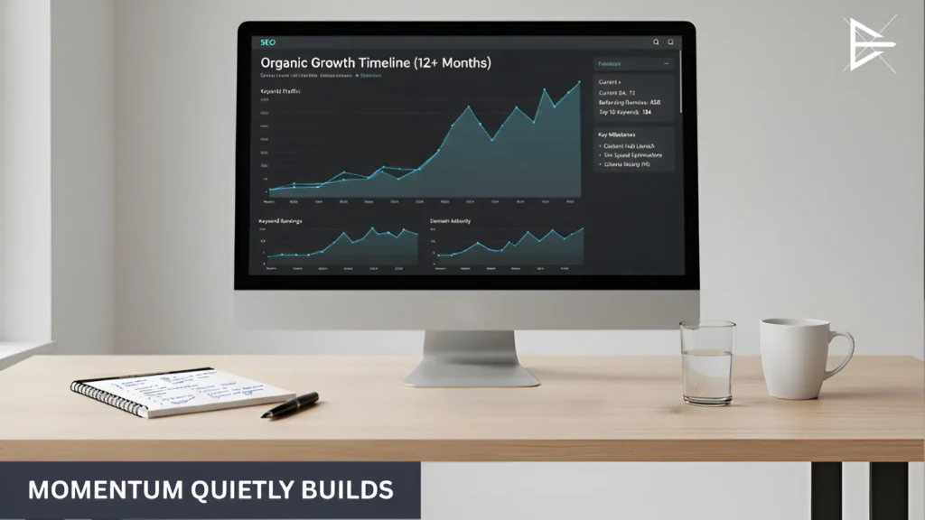Laptop showing steady SEO performance metrics after six months, with keyword rankings beginning to hold and traffic becoming more consistent.