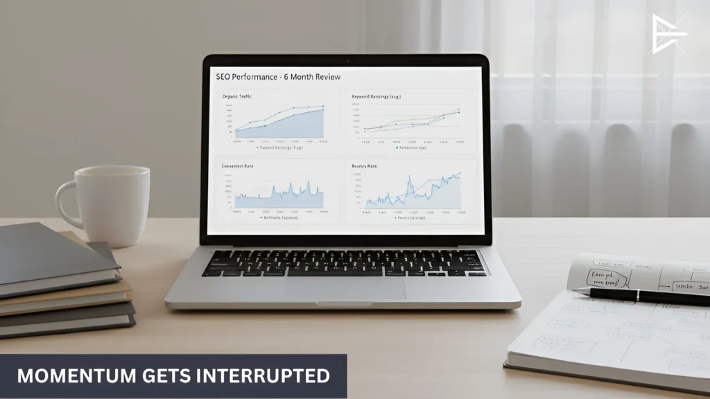 Desktop monitor displaying SEO analytics as rankings and traffic fluctuate around the six-month mark while search visibility is still being evaluated.